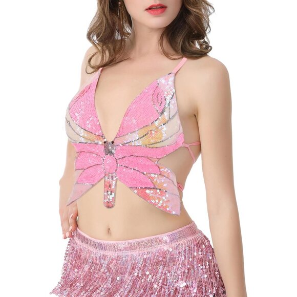 Women's Butterfly Sequin Crop Top Sleeveless V Neck Bandage Party Outfits - Picture 3 of 7